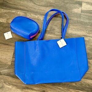 Macy's  electric blue faux leather tote bag includes cosmetic bag